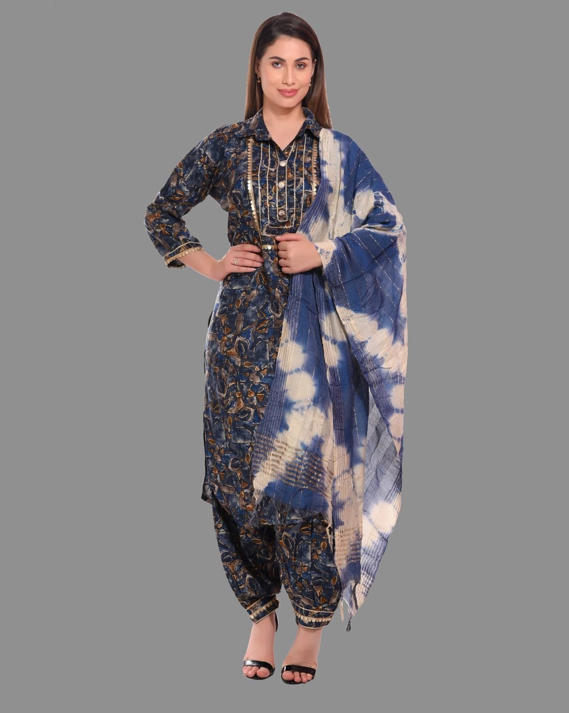 1117Wx1400H-466823157-blue-MODEL.jpg Women Floral Print Straight Kurta Suit Set - Image 1