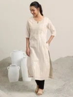 Off White Embellished Cotton Straight Kurta - Image 2