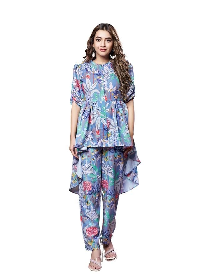 61tx-ELZUL._SY879_.jpg Women Ethnic Kurta Set | Rayon Co-Ord Set | Fancy Pajama Set | Pack of 2 | Floral Printed Top & Pant Set | Full Pair Set | A-line Kurta Set for Women | - Image 1