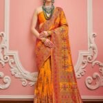Womens Silk Blend Yellow Woven Design Saree with Unstitched Blouse
