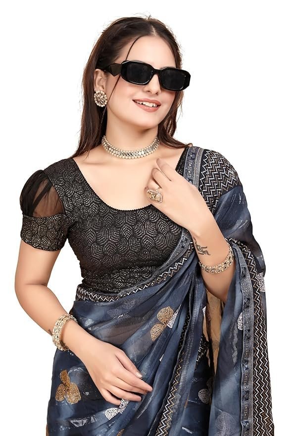 714kM4flN9L._SY879_.jpg Round Neck Dobby Cotton Lycra Stretchable Elbow Half Sleeve Readymade Saree Blouse for Women Stylish - Image 1