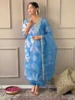 Women's Sky Organza with Cotton Lining Embroidered and Printed Straight Kurta with Rayon Pant and Organza Laced Dupatta Sets - Image 2