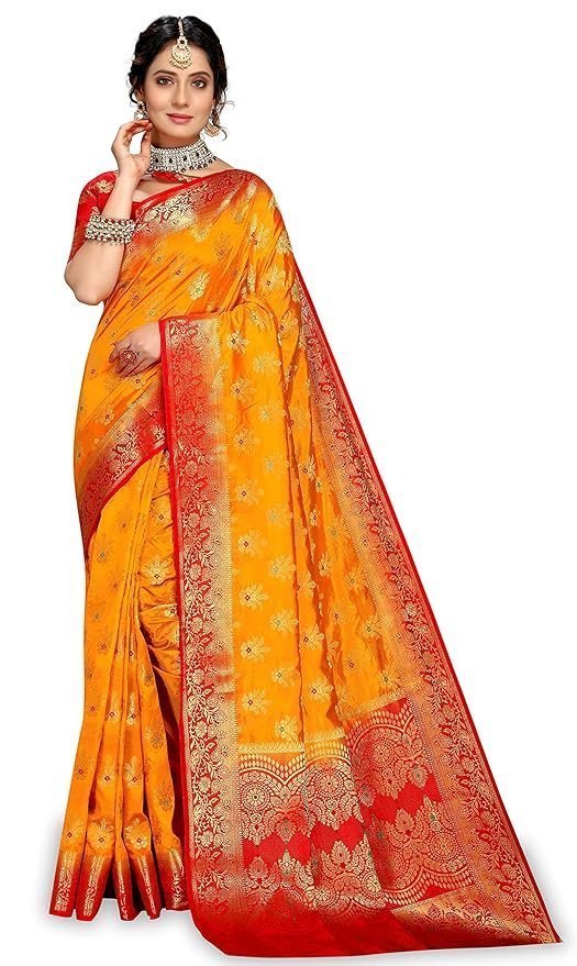 91XseMWxFUL._SY879_.jpg Sarees for Women Wear Cotton Silk Banarasi Sari Kanjivaram Soft 2024 Wedding Original Pure Kanchipuram Pattu Sadi with Blouse Piece (Barmasi) - Image 1