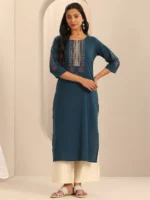Navy Printed Cotton Blend Straight Kurta - Image 3