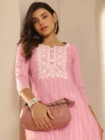 Pink Embroidered Cotton Blend Straight Kurta