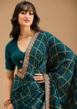 Peacock Blue Gold Zariwork Soft Raw Silk Saree - Image 3
