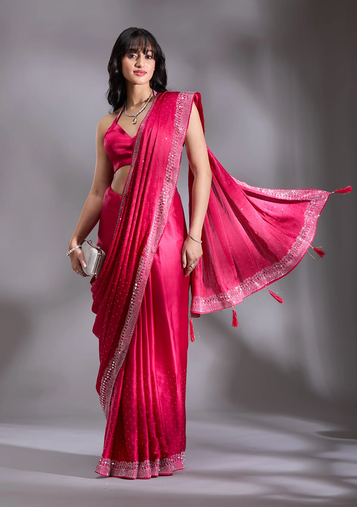 SAUS0044270_RANI_PINK_5_efb65391-e417-4363-9346-0f87780b90ca.webp Rani Pink Silver Stonework Satin Saree - Image 1