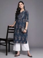 Blue Printed Cotton Straight Kurta - Image 3