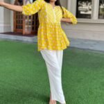 Yellow Printed Cotton A-Line Kurti